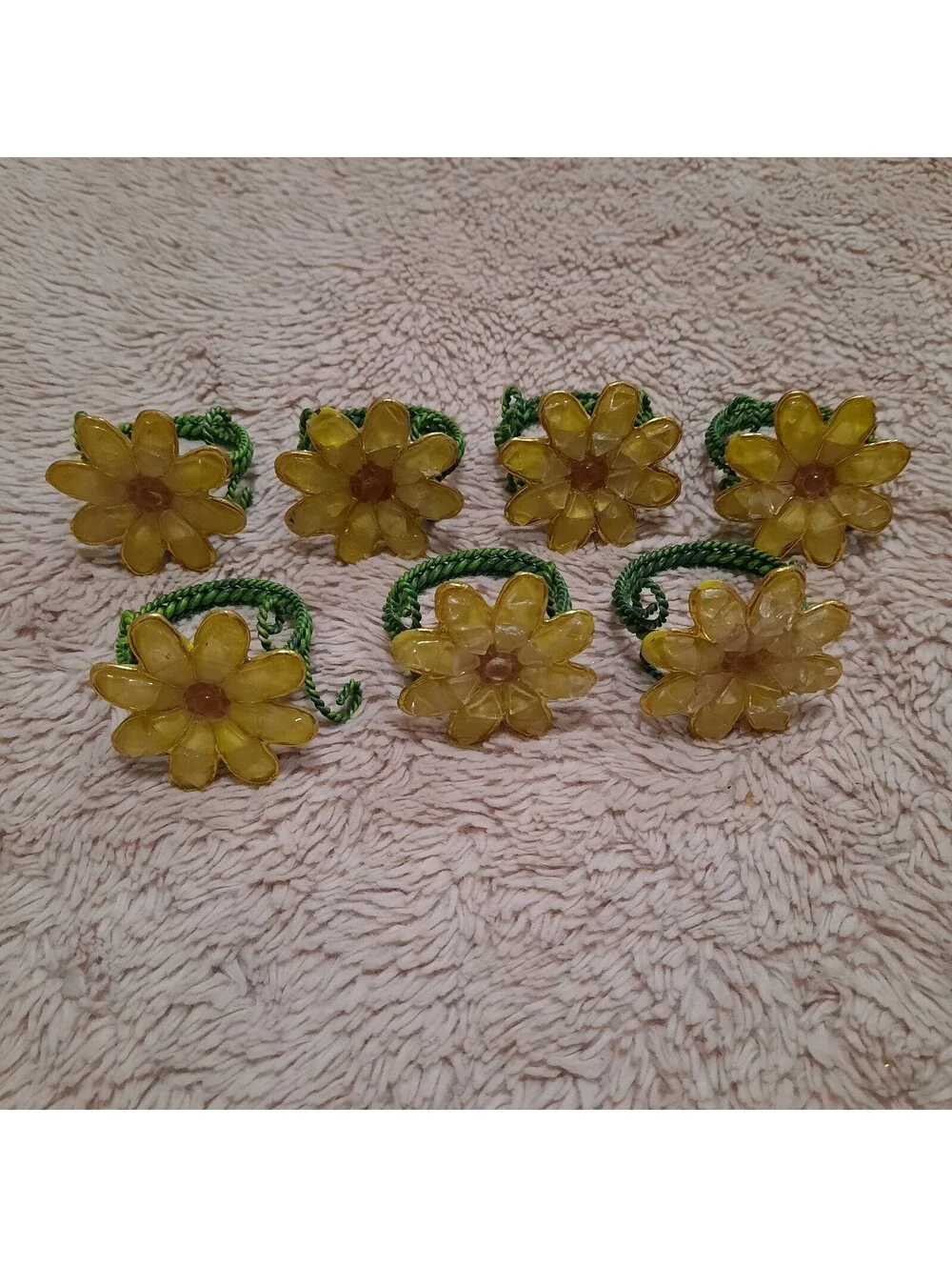 Set Of 7 Yellow and Green Flower Napkin Rings Boho Groovy Garden